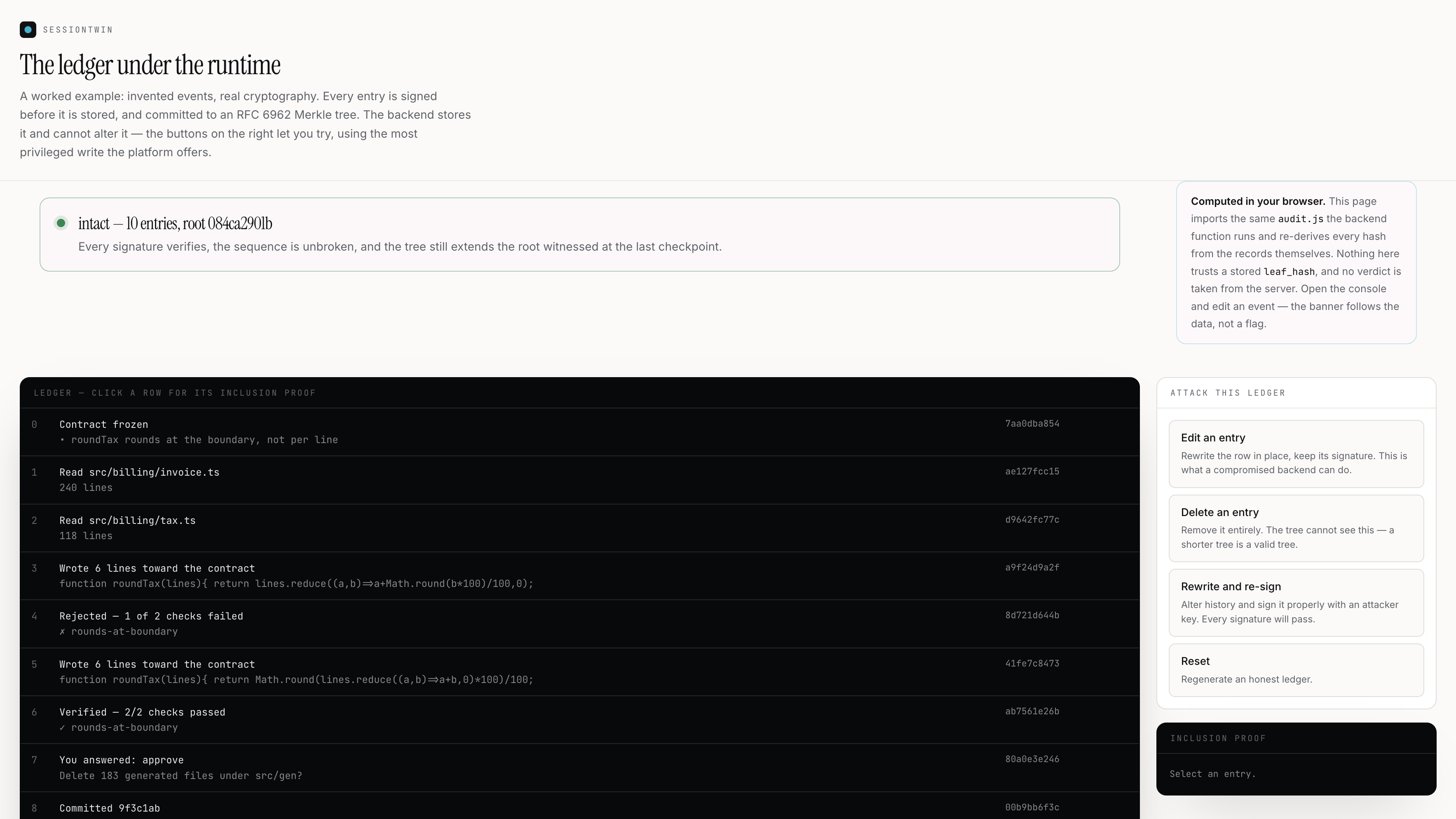 SessionTwin public ledger — signed entries you can attack in the browser